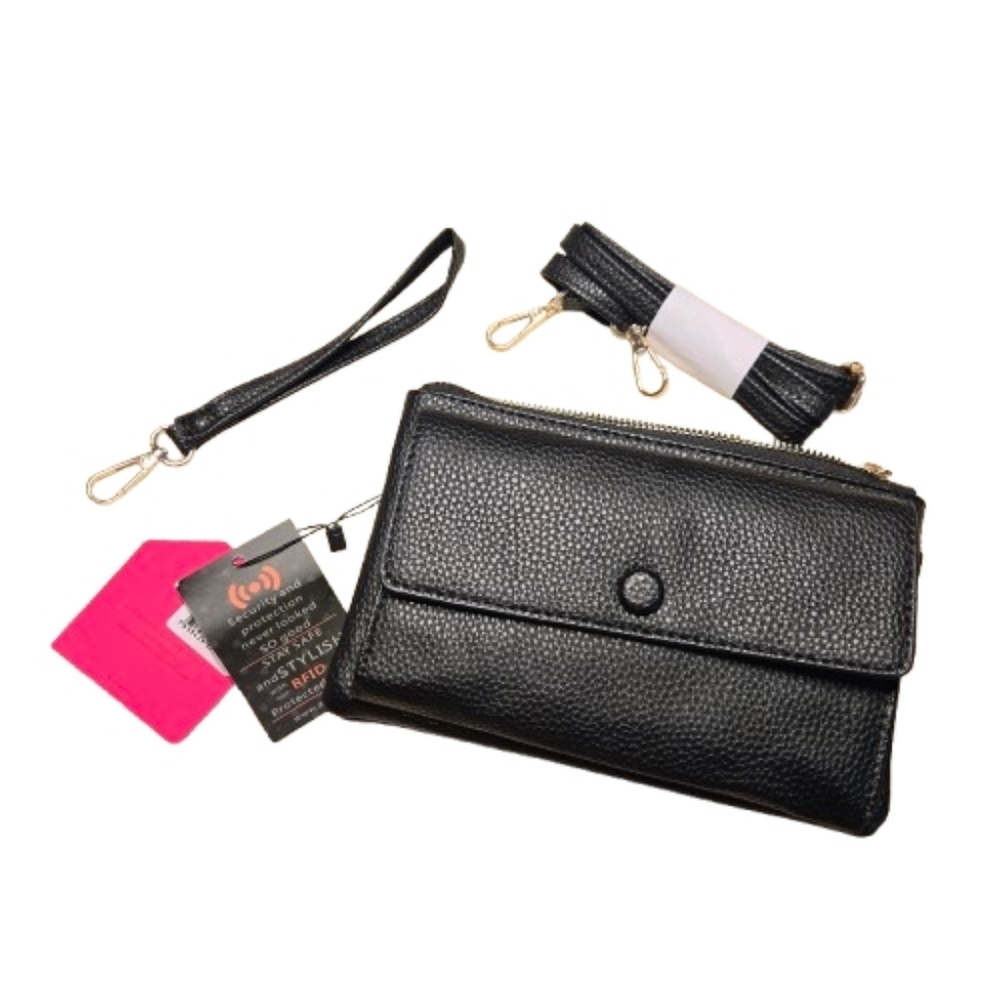Alina's Exclusives Black Pebbled Faux Leather Crossbody Clutch Wristlet RFID